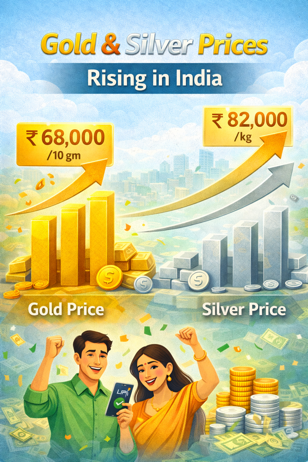 Gold and silver prices rising in India showing upward trend chart